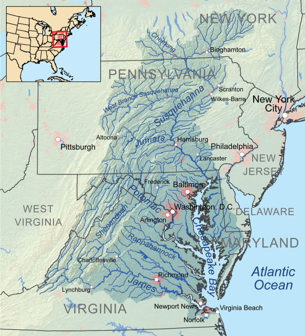 The Chesapeake Bay watershed, or draingage basin, encompasses six states - New York, Pennsylvania, West Virginia, Maryland, Delaware, Virginia, and the District of Columbia.