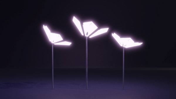 Three illuminated laurel flower-like structures on a dark background
