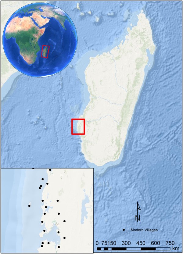 Photo shows a map of Madagascar highlighting the region where the OBT Lab and MAP team work in Southwestern Madagascar. Inset map shows the Velondriake Marine Protected Area and modern day villages (black dots) located within this region. Service layer credits: ESRI, Garmin, GEBCO, NOAA NDGC and other contributors. Inset map credits: Google (picture/caption modified from Davis et al 2021)