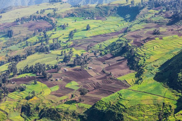 Aerial view of Ethiopian fields, farms, and villages
