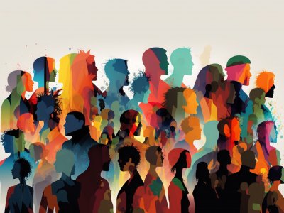 An abstract illustration of a a crowd of colorful people